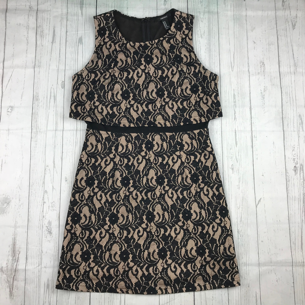 Forever 21 womens jrs M black tan lace tiered sleeveless sheath dress